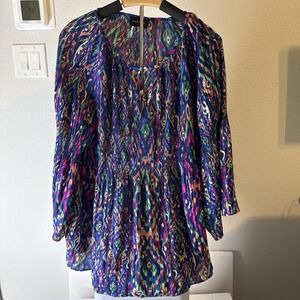 Faenza Women's Pleated Blouse Multicolored  Flowy 3/4 Sleeve Size 2XL